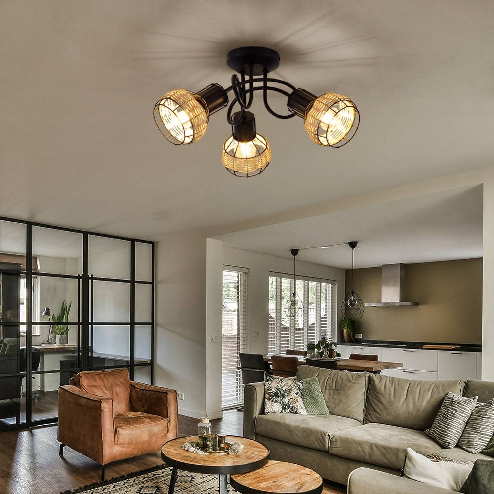 Deckenleuchte Boho Wohnzimmerlampe Deckenlampe 3 flammig, Metall schwarz, Rattan natur, 3x E14, DxH 42 x 22,5 cm