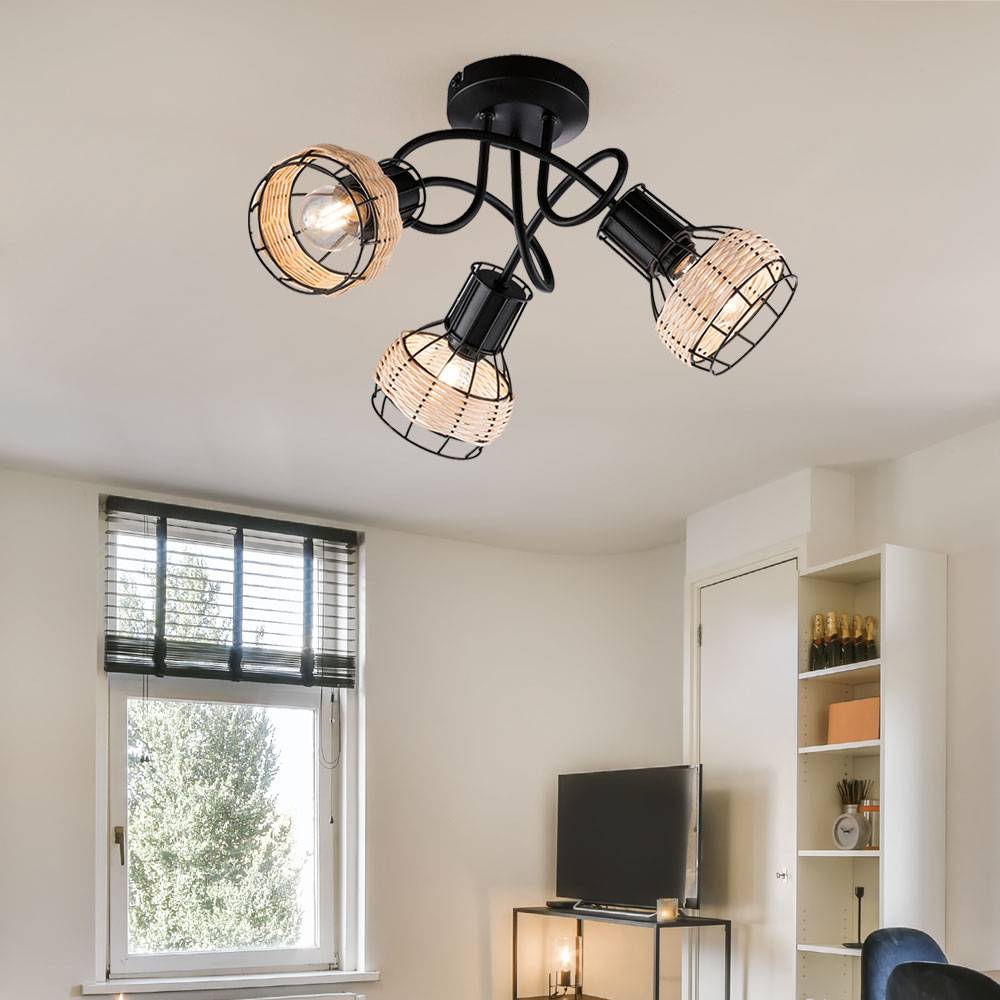 Deckenleuchte Boho Wohnzimmerlampe Deckenlampe 3 flammig, Metall schwarz, Rattan natur, 3x E14, DxH 42 x 22,5 cm