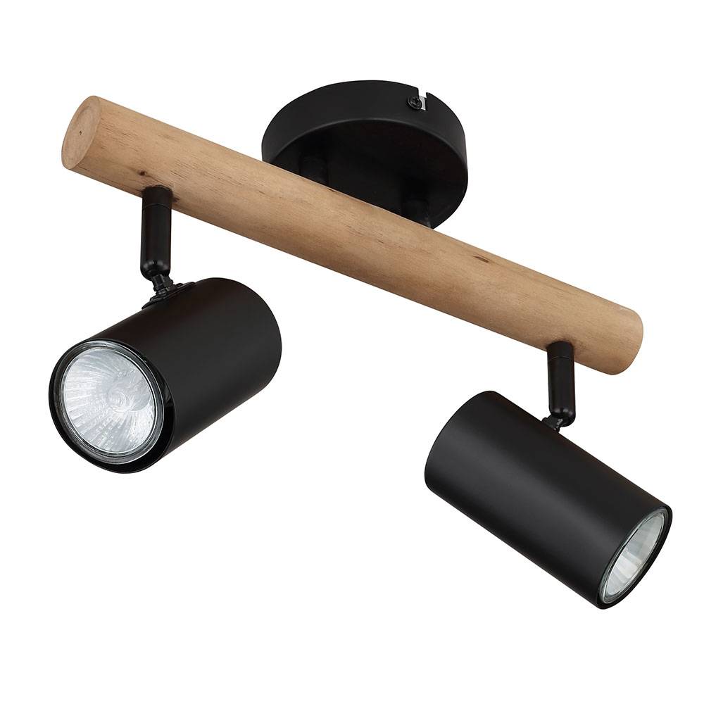 Deckenlampe Wohnzimmerleuchte Esszimmerlampe Deckenstrahler, Holz Metall schwarz, bewegliche Spots, GU10, 2 Flammig, L 30 cm