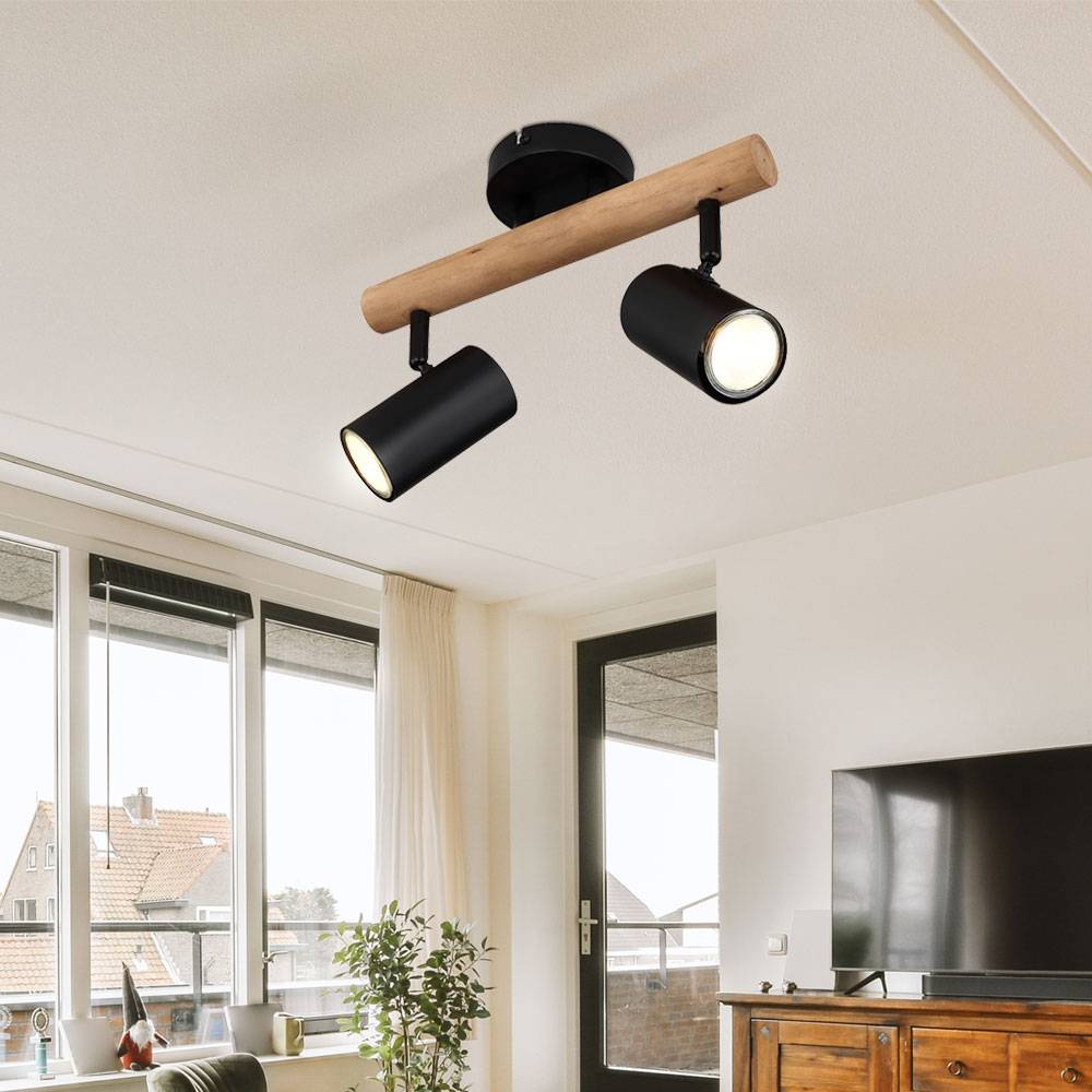 Deckenlampe Esszimmerlampe Wohnzimmerleuchte Deckenstrahler, Holz Metall schwarz, bewegliche Spots, GU10, 2 Flammig, L 30 cm
