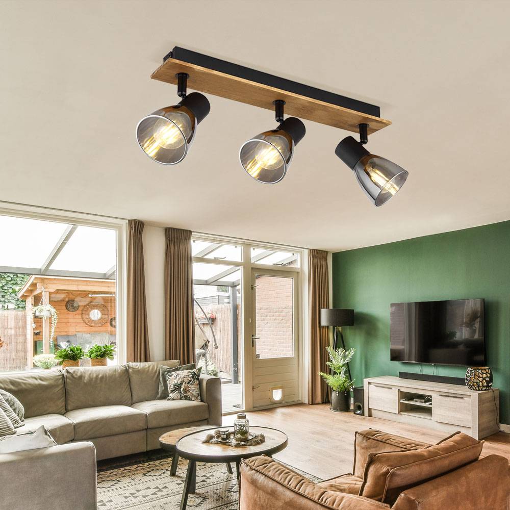 Deckenlampe 3 flammig schwarz Deckenleuchte Holz Schlafzimmerlampe, 3-schwenkbare Strahler, Metall Glas, schwarz rauch, 3x E14 Fassungen, LxBxH