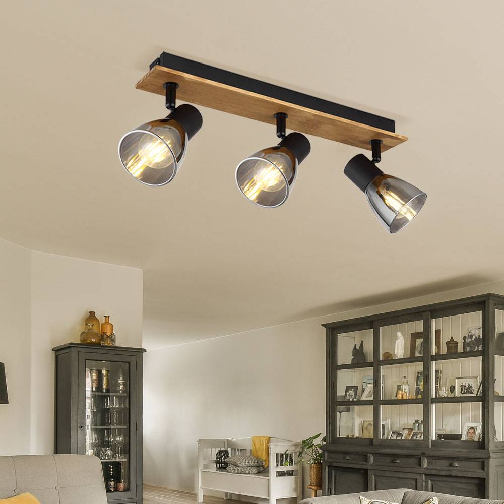 Deckenlampe 3 flammig schwarz Deckenleuchte Holz Schlafzimmerlampe, 3-schwenkbare Strahler, Metall Glas, schwarz rauch, 3x E14 Fassungen, LxBxH