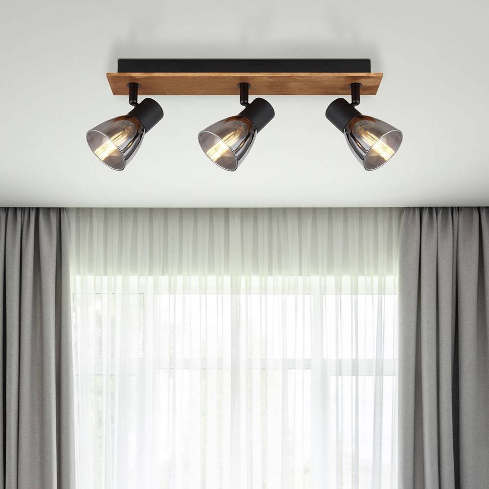 Deckenlampe 3 flammig schwarz Deckenleuchte Holz Schlafzimmerlampe, 3-schwenkbare Strahler, Metall Glas, schwarz rauch, 3x E14 Fassungen, LxBxH