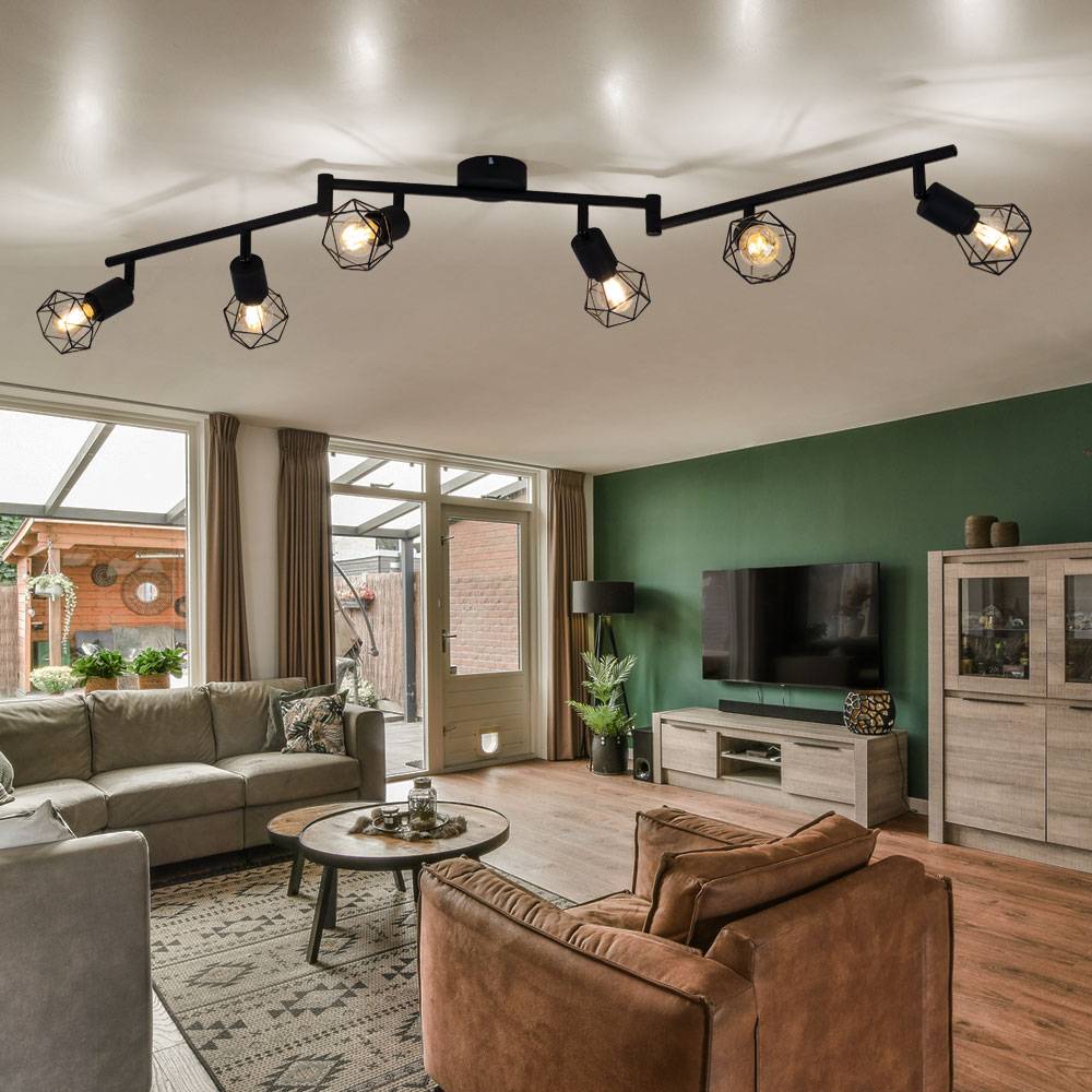 Retro Deckenstrahler Deckenleuchte 6 flammig Spotleiste Deckenlampe schwarz, Spots beweglich, Metallgeflecht schwarz, 6x E14 Fassungen, LxH 120 x 22