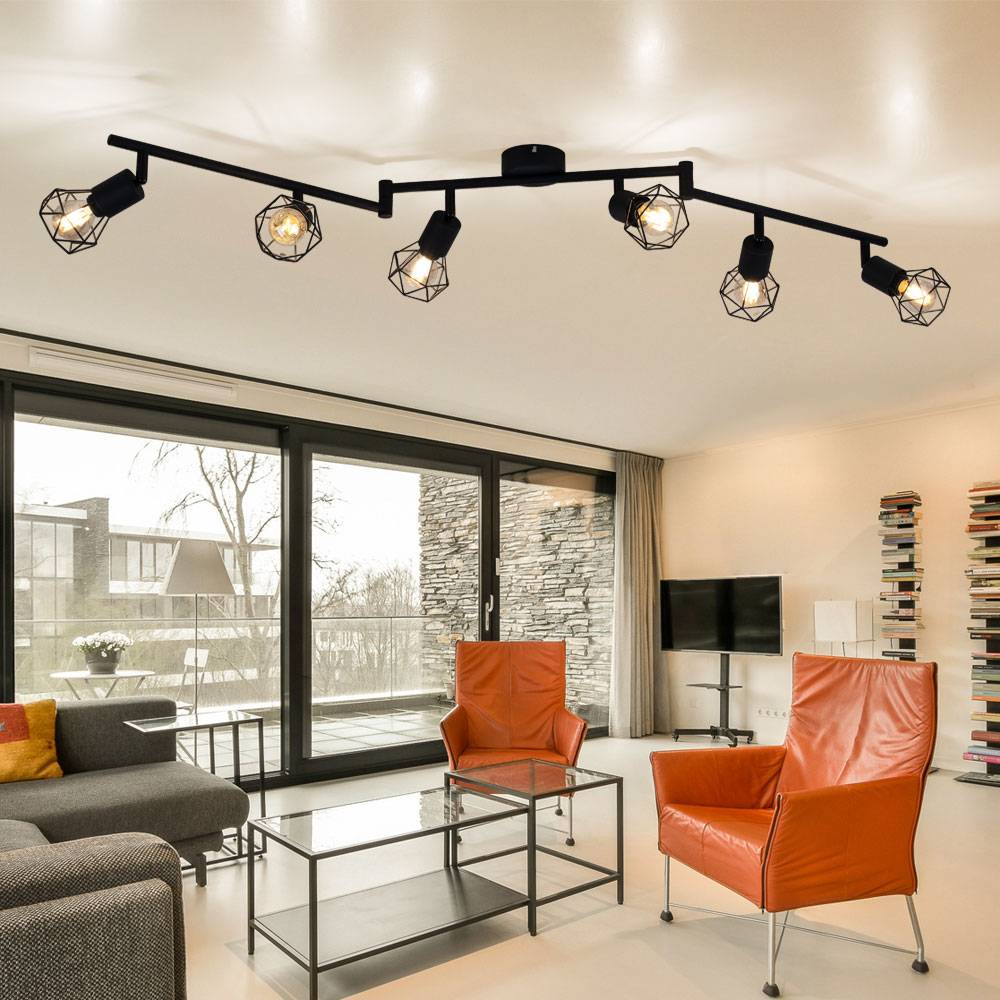 Retro Deckenstrahler Deckenleuchte 6 flammig Spotleiste Deckenlampe schwarz, Spots beweglich, Metallgeflecht schwarz, 6x E14 Fassungen, LxH 120 x 22