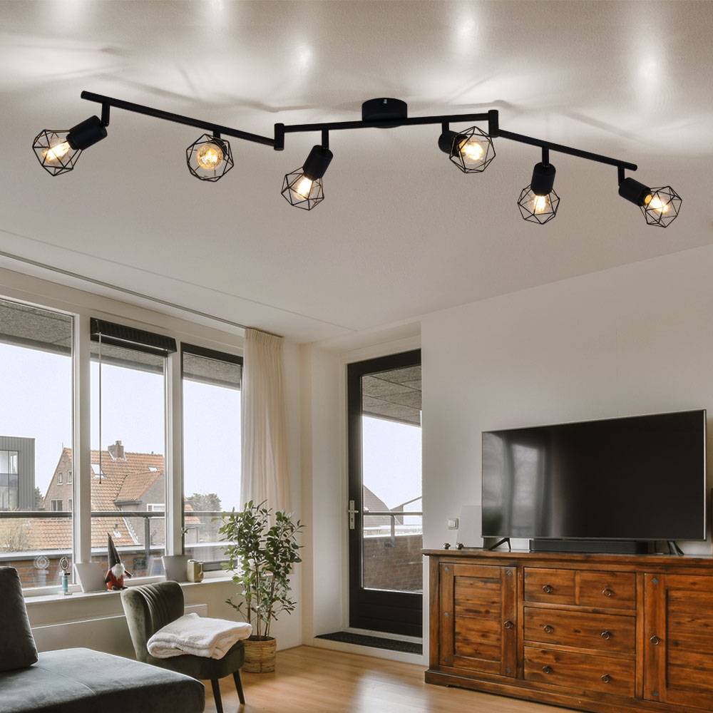 Retro Deckenstrahler Deckenleuchte 6 flammig Spotleiste Deckenlampe schwarz, Spots beweglich, Metallgeflecht schwarz, 6x E14 Fassungen, LxH 120 x 22