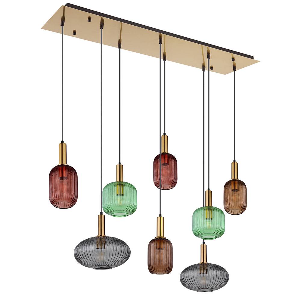 Hängelampe Hängeleuchte Pendellampe Pendelleuchte Esstischleuchte Designleuchte, 8 Flammig Glas Metall messingfarben, 8x E27 Fassungen, LxBxH 125x48