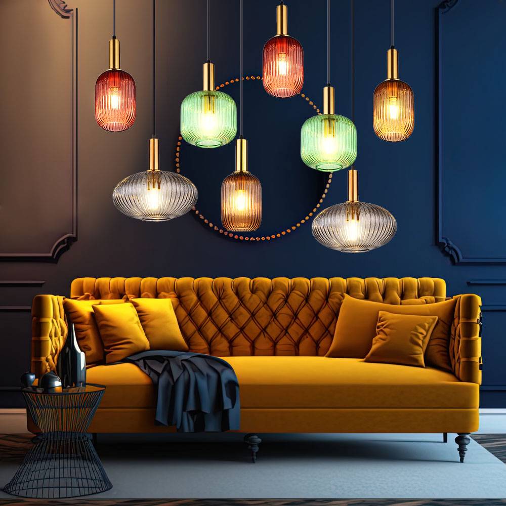 Hängelampe Hängeleuchte Pendellampe Pendelleuchte Esstischleuchte Designleuchte, 8 Flammig Glas Metall messingfarben, 8x E27 Fassungen, LxBxH 125x48