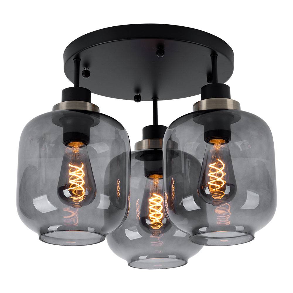 Deckenlampe Esstisch Deckenleuchte schwarz Wohnzimmerlampe modern, Designlampe 3-flammig Glas Schirm rauch, Metall matt, 3x E27 Fassung, DxH 45x33
