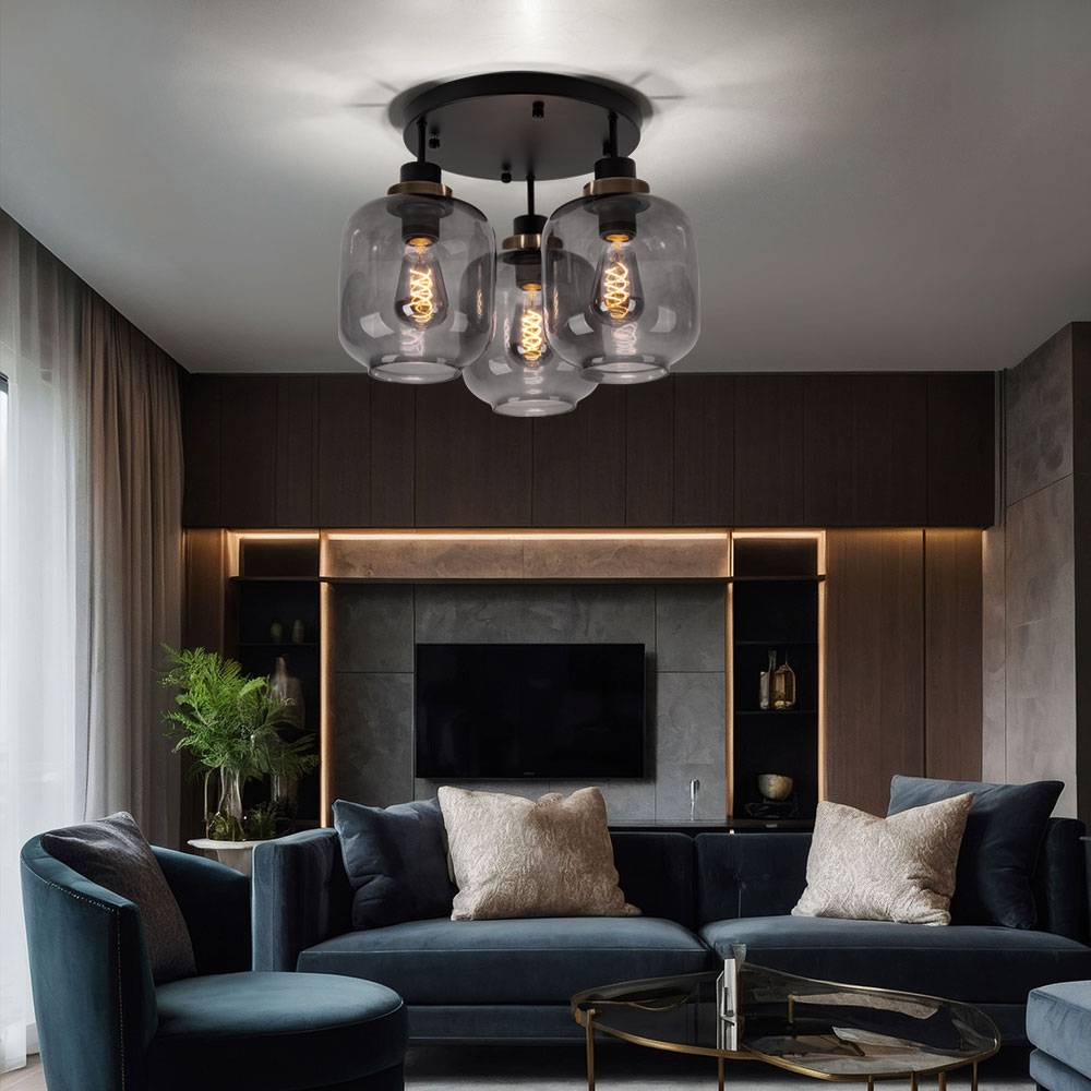 Deckenlampe Esstisch Deckenleuchte schwarz Wohnzimmerlampe modern, Designlampe 3-flammig Glas Schirm rauch, Metall matt, 3x E27 Fassung, DxH 45x33