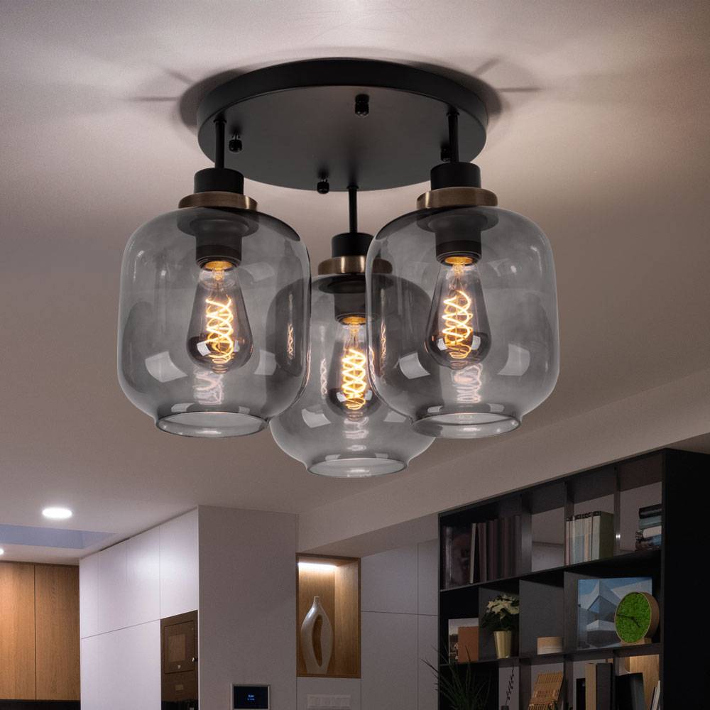 Deckenlampe Deckenleuchte Esstisch schwarz Flurlampe Designlampe 3-flammig Glas Schirm rauch, Metall matt, 3x E27 Fassung, DxH 45x33 cm