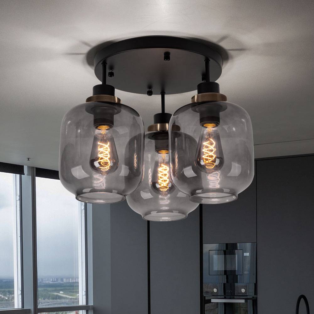 Deckenlampe Deckenleuchte Esstisch schwarz Flurlampe Designlampe 3-flammig Glas Schirm rauch, Metall matt, 3x E27 Fassung, DxH 45x33 cm