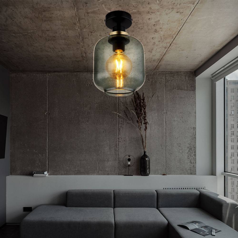 Deckenlampe Rauchglas Esszimmer Deckenleuchte schwarz Retro Glas rauchfarben, Metall bronze, 1x E27 Fassung, DxH 18x30 cm