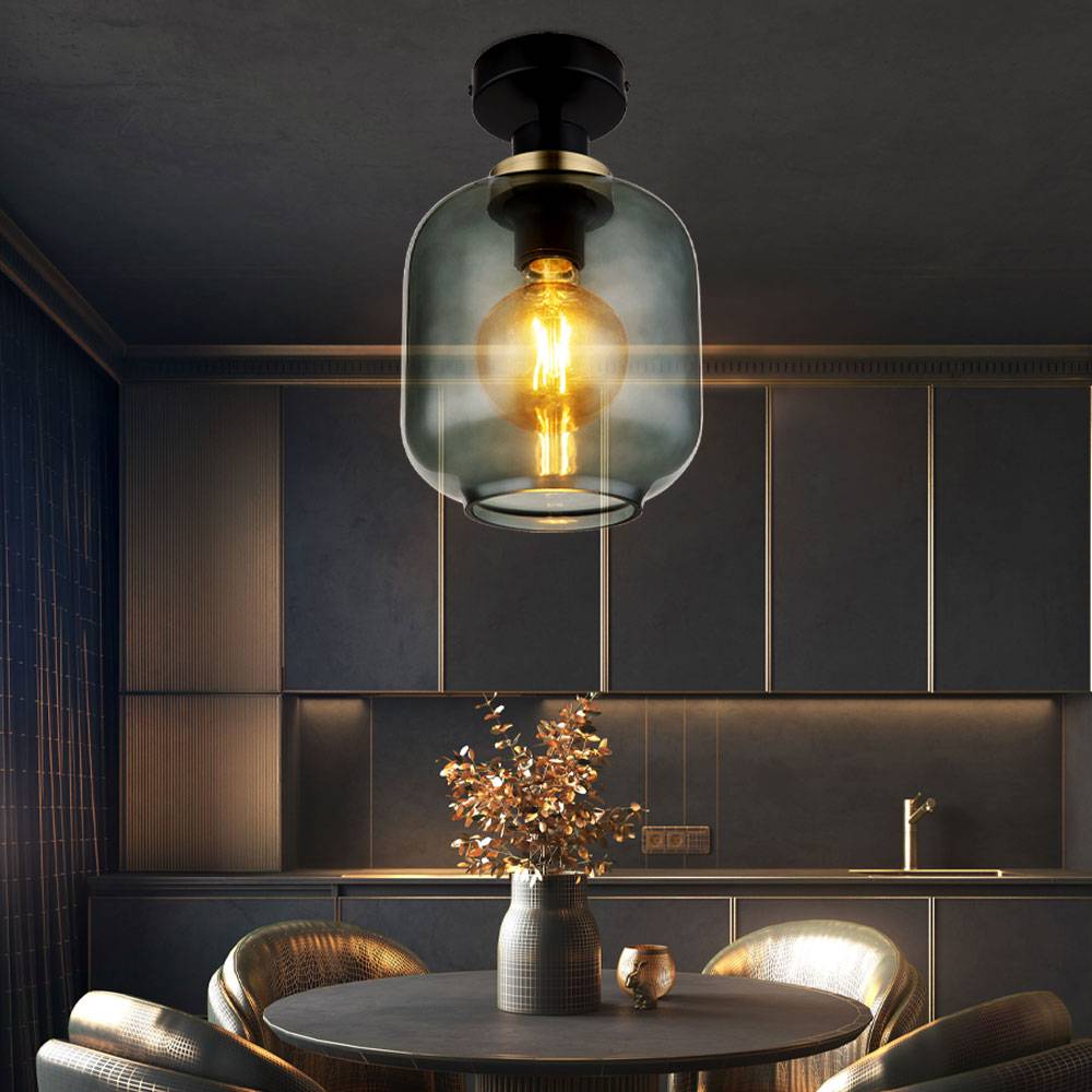Deckenlampe Rauchglas Esszimmer Deckenleuchte schwarz Retro Glas rauchfarben, Metall bronze, 1x E27 Fassung, DxH 18x30 cm