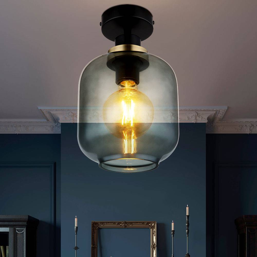 Deckenlampe Rauchglas Esszimmer Deckenleuchte schwarz Retro Glas rauchfarben, Metall bronze, 1x E27 Fassung, DxH 18x30 cm
