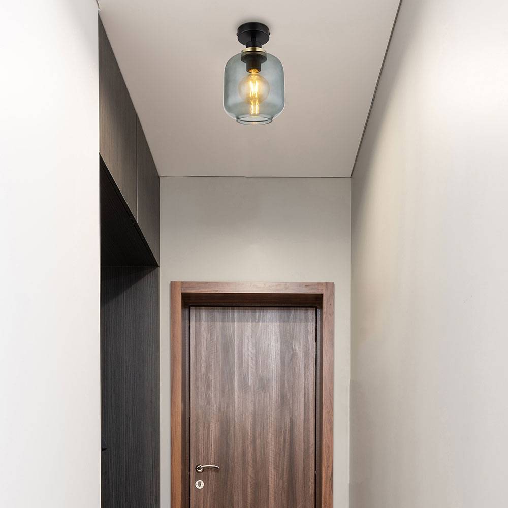 Deckenlampe Rauchglas Esszimmer Deckenleuchte schwarz Retro Glas rauchfarben, Metall bronze, 1x E27 Fassung, DxH 18x30 cm