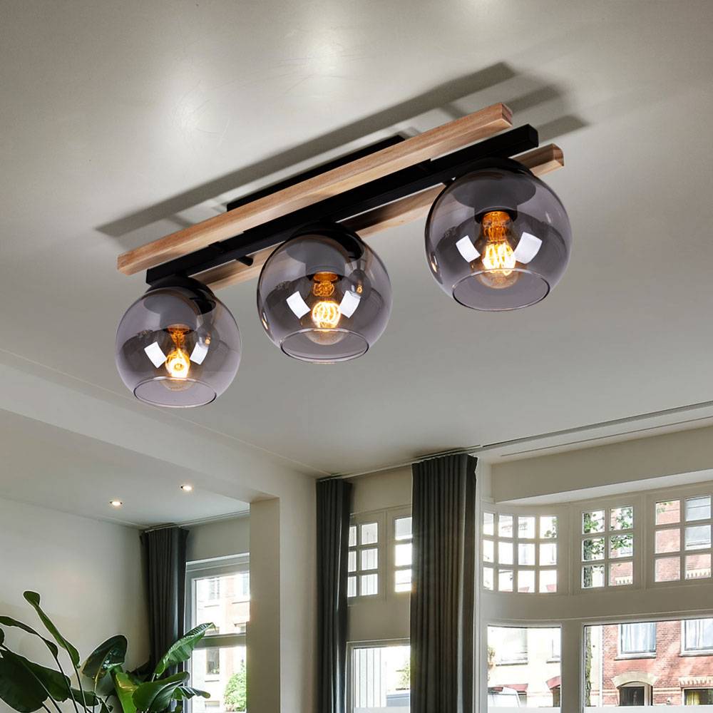 Deckenstrahler Holzleuchte 3-flammig Deckenlampe Deckenleuchte Schlafzimmerlampe, Glas rauch, Metall MDF hellbraun, 3x E27 Fassung, LxH 60 x 20,5 cm