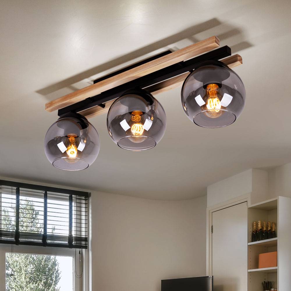Deckenstrahler Holzleuchte 3-flammig Deckenlampe Deckenleuchte Schlafzimmerlampe, Glas rauch, Metall MDF hellbraun, 3x E27 Fassung, LxH 60 x 20,5 cm