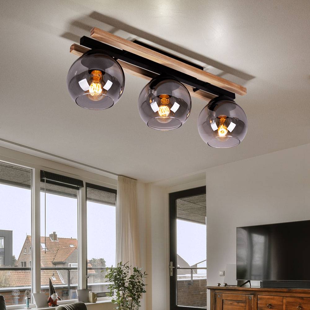 Deckenstrahler Holzleuchte 3-flammig Deckenlampe Deckenleuchte Schlafzimmerlampe, Glas rauch, Metall MDF hellbraun, 3x E27 Fassung, LxH 60 x 20,5 cm