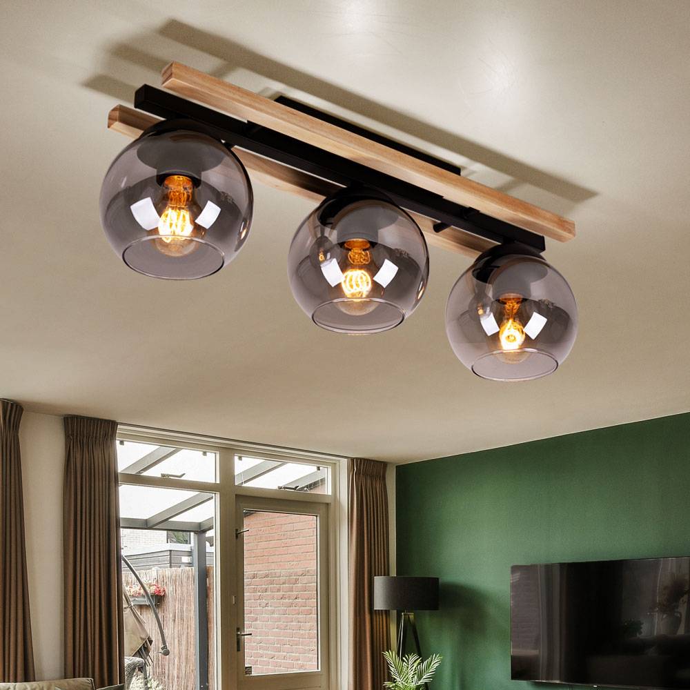 Deckenstrahler Holzleuchte 3-flammig Deckenlampe Deckenleuchte Schlafzimmerlampe, Glas rauch, Metall MDF hellbraun, 3x E27 Fassung, LxH 60 x 20,5 cm