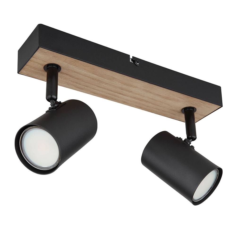Deckenlampe 2 flammig Deckenleuchte verstellbar Spotleuchte schwarz Holzoptik mit verstellbaren Spots, Metall schwarz, 2x GU10 Fassungen, LxBxH