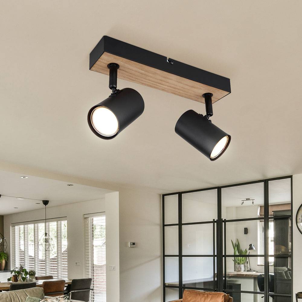 Deckenlampe 2 flammig Deckenleuchte verstellbar Spotleuchte schwarz Holzoptik mit verstellbaren Spots, Metall schwarz, 2x GU10 Fassungen, LxBxH