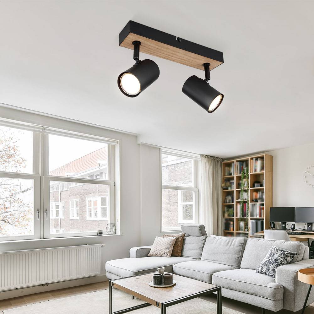 Deckenlampe 2 flammig Deckenleuchte verstellbar Spotleuchte schwarz Holzoptik mit verstellbaren Spots, Metall schwarz, 2x GU10 Fassungen, LxBxH