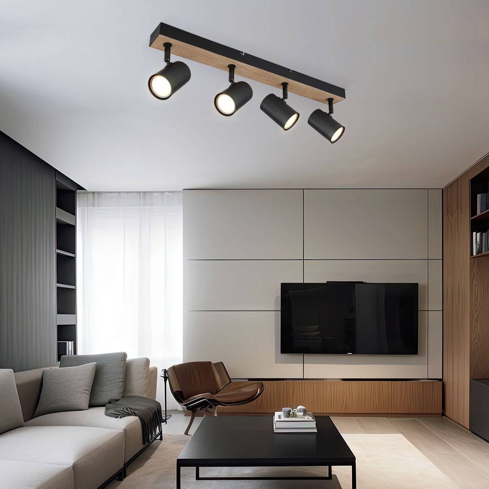Deckenlampe Deckenleuchte 4 flammig beweglich Spotleuchte schwarz Holzoptik mit verstellbaren Spots, Metall schwarz, 4x GU10 Fassungen, LxBxH