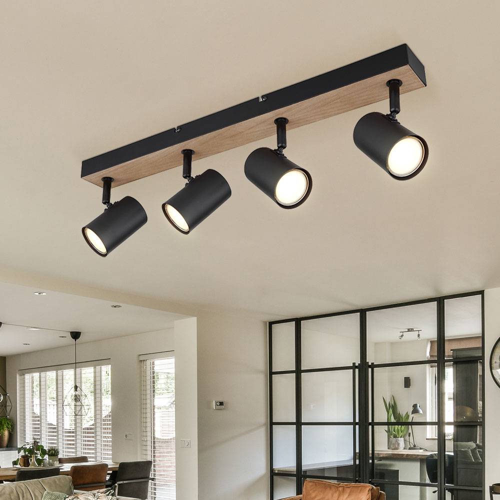 Deckenlampe Deckenleuchte 4 flammig beweglich Spotleuchte schwarz Holzoptik mit verstellbaren Spots, Metall schwarz, 4x GU10 Fassungen, LxBxH