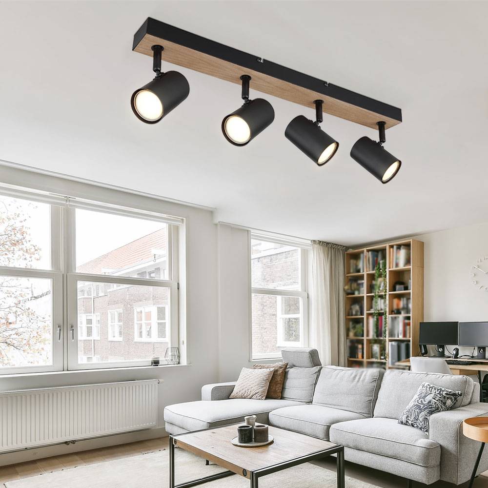 Deckenlampe Deckenleuchte 4 flammig beweglich Spotleuchte schwarz Holzoptik mit verstellbaren Spots, Metall schwarz, 4x GU10 Fassungen, LxBxH