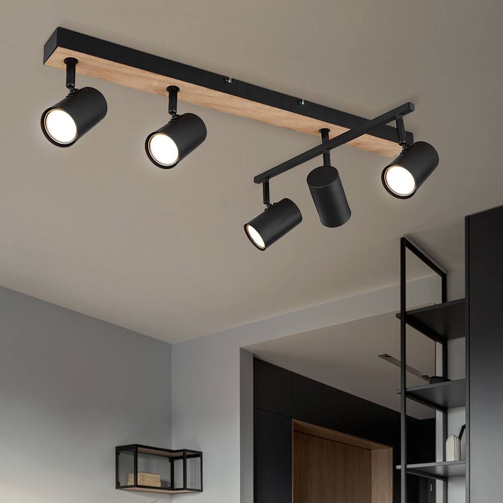 Deckenstrahler schwarz Spot Deckenleuchte Spotleiste 5 flammig, Metall MDF Holzoptik skandinavisch, 5x GU10 Fassungen, LxBxH 70x35x18cm