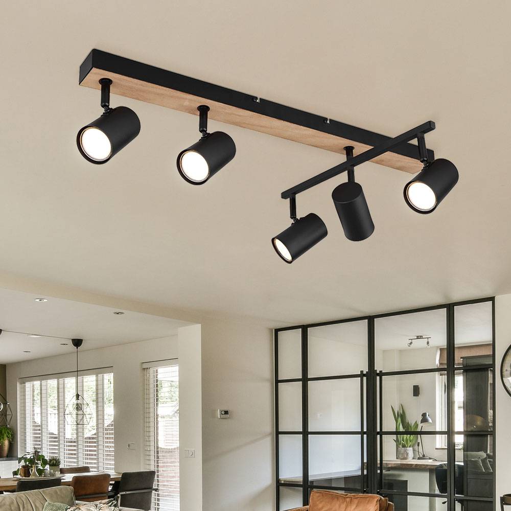 Deckenstrahler schwarz Spot Deckenleuchte Spotleiste 5 flammig, Metall MDF Holzoptik skandinavisch, 5x GU10 Fassungen, LxBxH 70x35x18cm