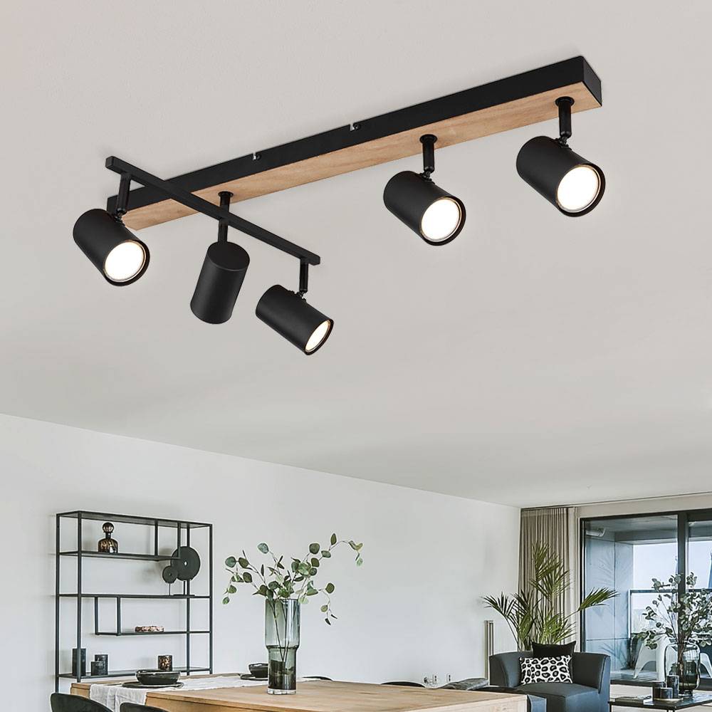 Deckenstrahler schwarz Spot Deckenleuchte Spotleiste 5 flammig, Metall MDF Holzoptik skandinavisch, 5x GU10 Fassungen, LxBxH 70x35x18cm