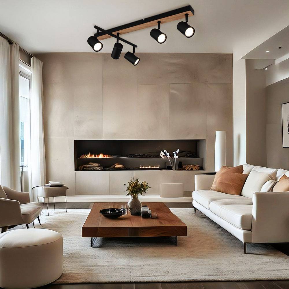 Deckenstrahler schwarz Spot Deckenleuchte Spotleiste 5 flammig, Metall MDF Holzoptik skandinavisch, 5x GU10 Fassungen, LxBxH 70x35x18cm