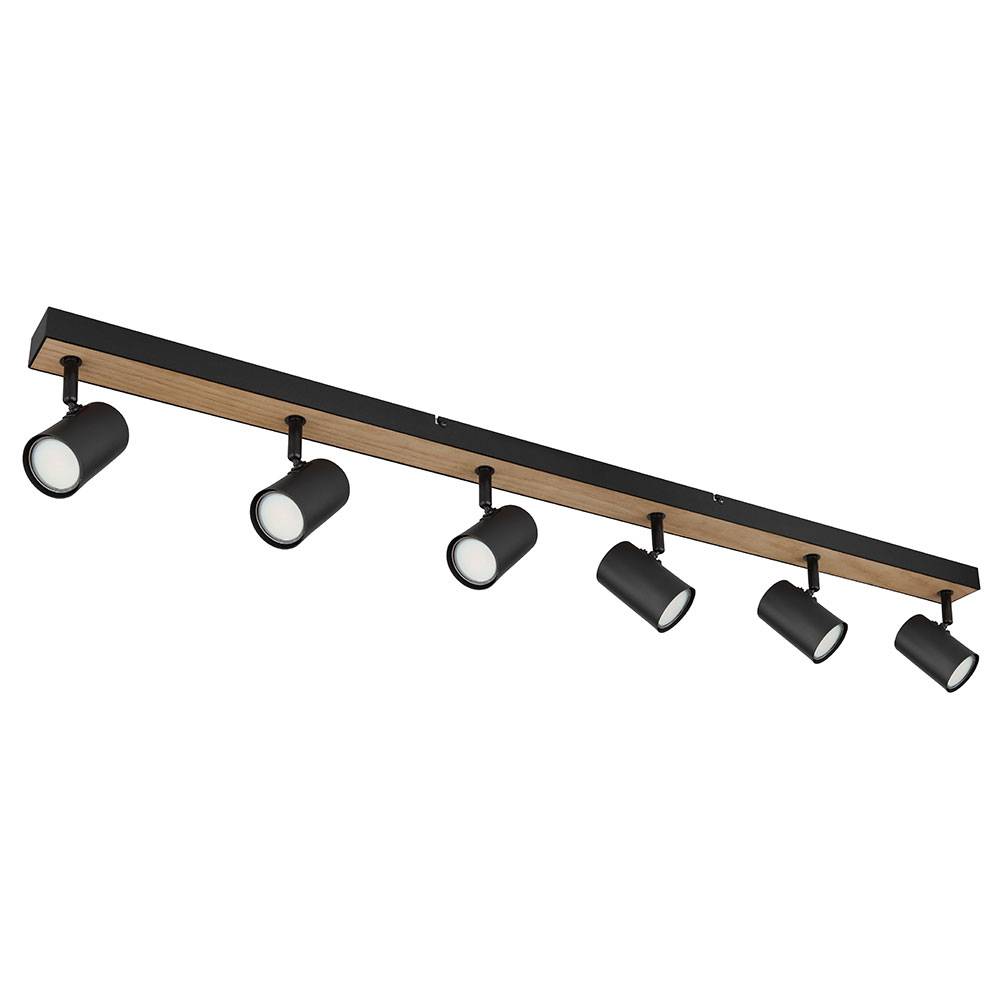 Deckenleuchte Deckenstrahler schwarz Spot Spotleiste 6 flammig, MDF Holzoptik skandinavisch, 6x GU10 Fassungen, LxBxH 115x6x13,5cm