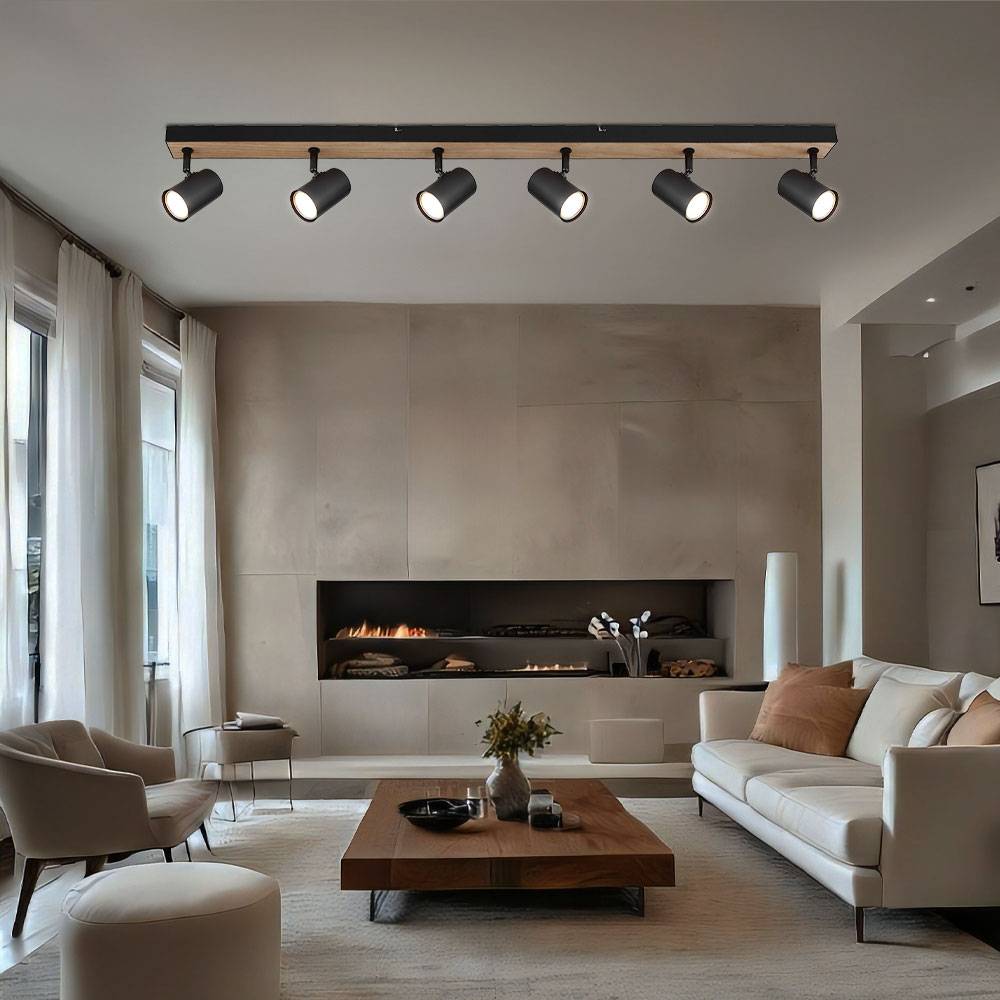Deckenstrahler schwarz Spot Deckenleuchte Spotleiste 6 flammig, MDF Holzoptik skandinavisch, 6x GU10 Fassungen, LxBxH 115x6x13,5cm