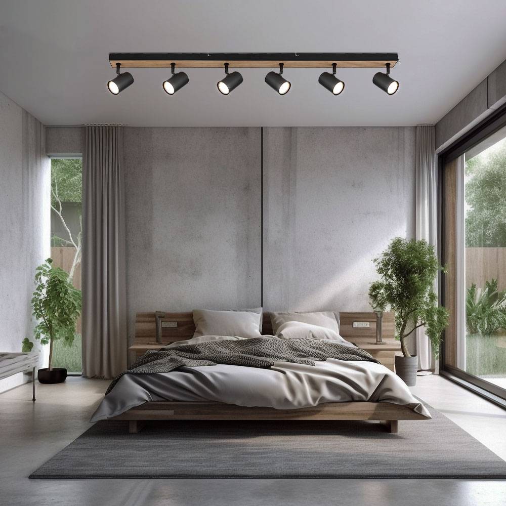 Deckenstrahler schwarz Spot Deckenleuchte Spotleiste 6 flammig, MDF Holzoptik skandinavisch, 6x GU10 Fassungen, LxBxH 115x6x13,5cm
