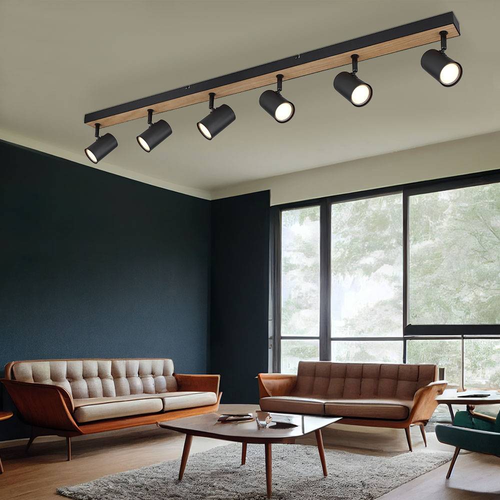 Deckenleuchte Deckenstrahler schwarz Spot Spotleiste 6 flammig, MDF Holzoptik skandinavisch, 6x GU10 Fassungen, LxBxH 115x6x13,5cm