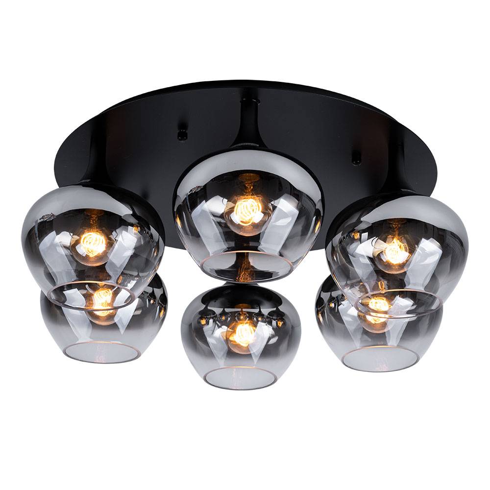 Deckenlampe Rauchglas Deckenleuchte Esszimmerleuchte rund Glaskugel Schlafzimmer, Metall schwarz, 6x E27, DxH 65x25,5 cm
