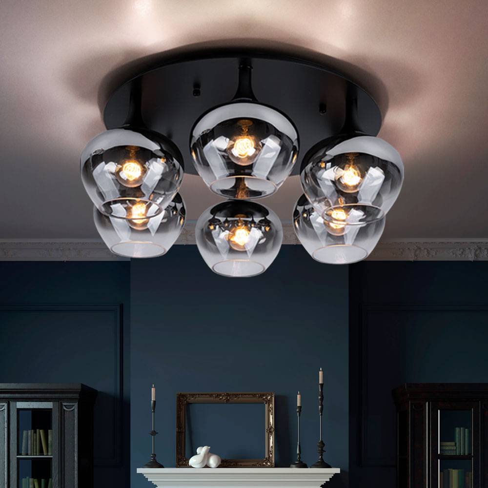 Deckenlampe Rauchglas Deckenleuchte Esszimmerleuchte rund Glaskugel Schlafzimmer, Metall schwarz, 6x E27, DxH 65x25,5 cm