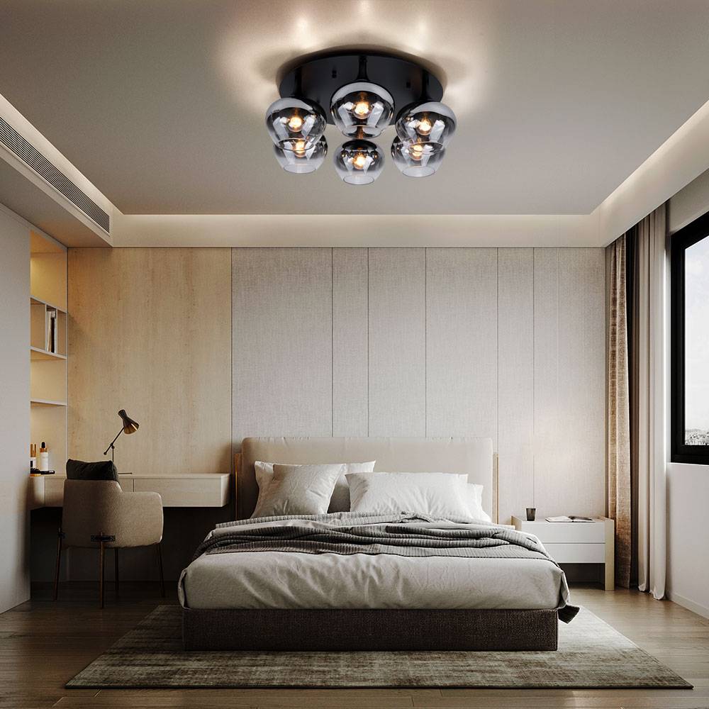 Deckenlampe Rauchglas Deckenleuchte Esszimmerleuchte rund Glaskugel Schlafzimmer, Metall schwarz, 6x E27, DxH 65x25,5 cm