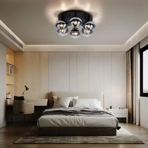 Deckenlampe Rauchglas Deckenleuchte Esszimmerleuchte rund Glaskugel Schlafzimmer, Metall schwarz, 6x E27, DxH 65x25,5 cm Deckenlampe Rauchglas Deckenleuchte Esszimmerleuchte rund Glaskugel Schlafzimmer, Metall schwarz, 6x E27, DxH 65x25,5 cm