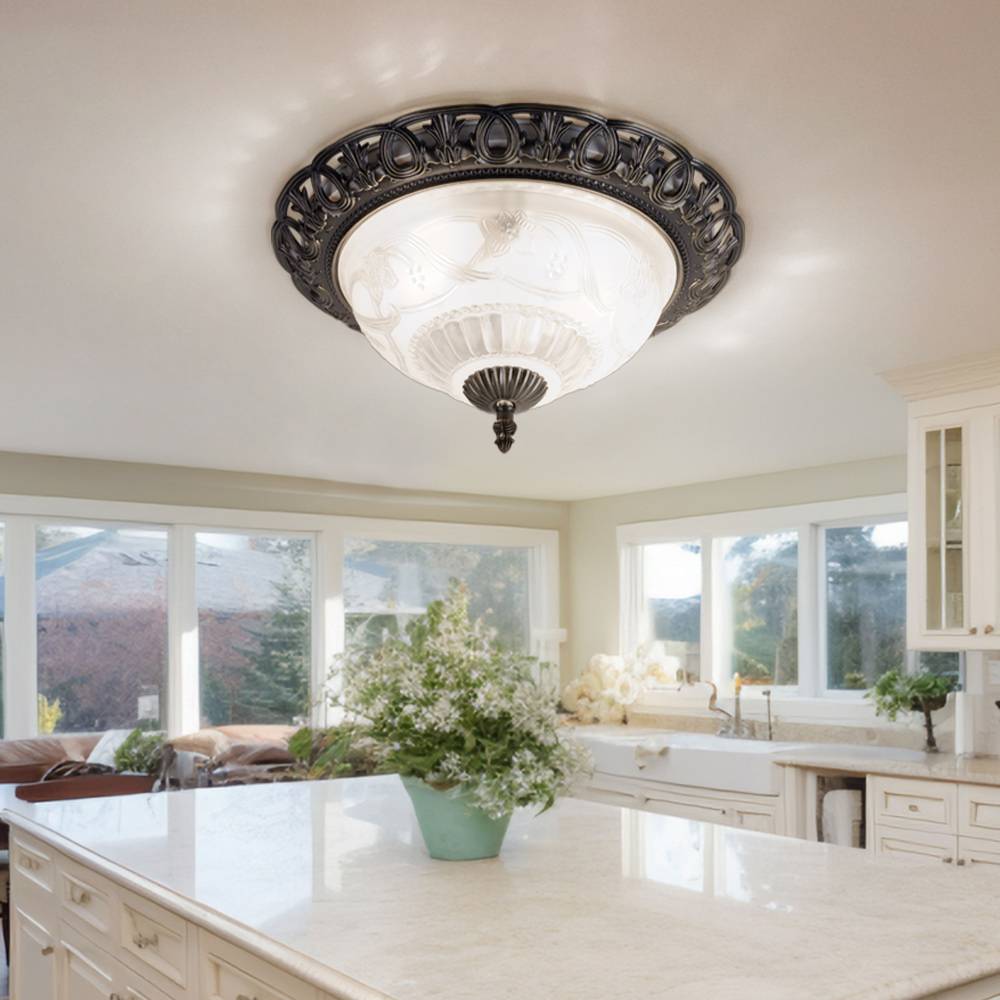 Deckenlampe Deckenleuchte Wohnzimmerleuchte Schlafzimmerlampe, Landhaus Stahl Zink silber antik Glas Blumendekor, 2x E14 Fassungen, DxH 33x17cm