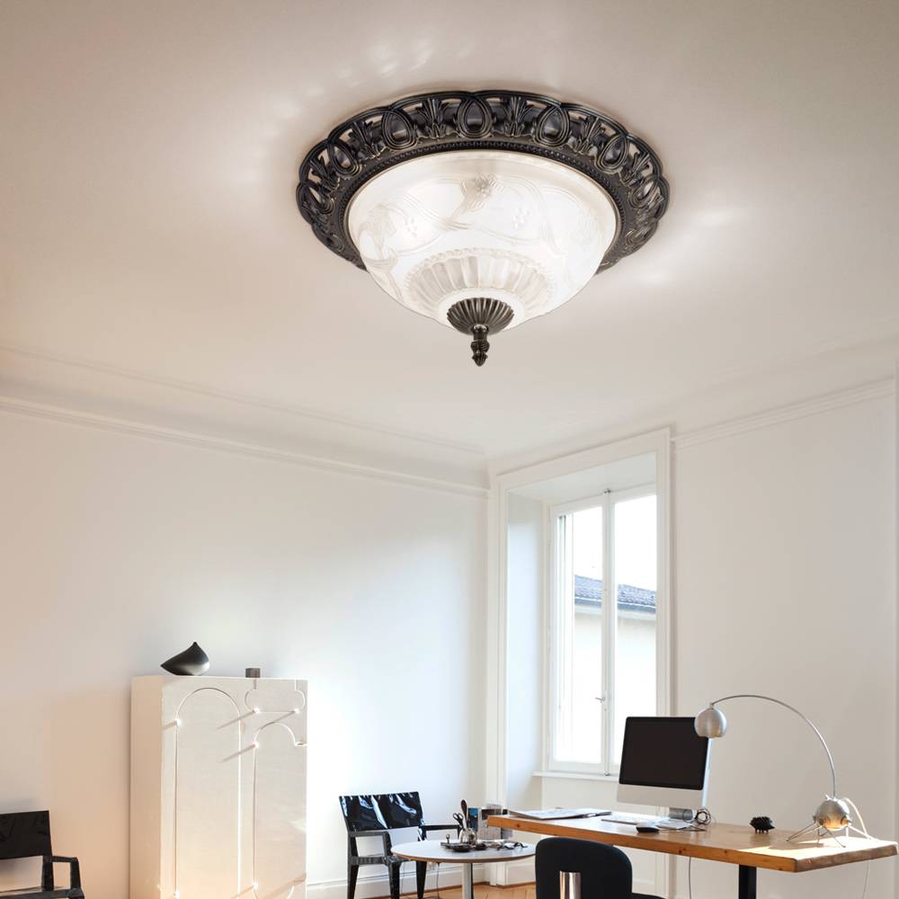 Deckenlampe Deckenleuchte Wohnzimmerleuchte Schlafzimmerlampe, Landhaus Stahl Zink silber antik Glas Blumendekor, 2x E14 Fassungen, DxH 33x17cm