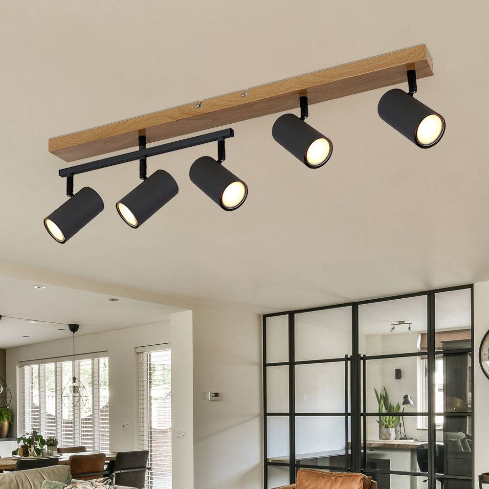 Deckenleuchte Spots Holzoptik Esszimmer GU10 schwarz 5 Flammig drehbar Deckenlampe schwenkbar, Metall graphit, 5x GU10, LxBxH 70x35x17 cm