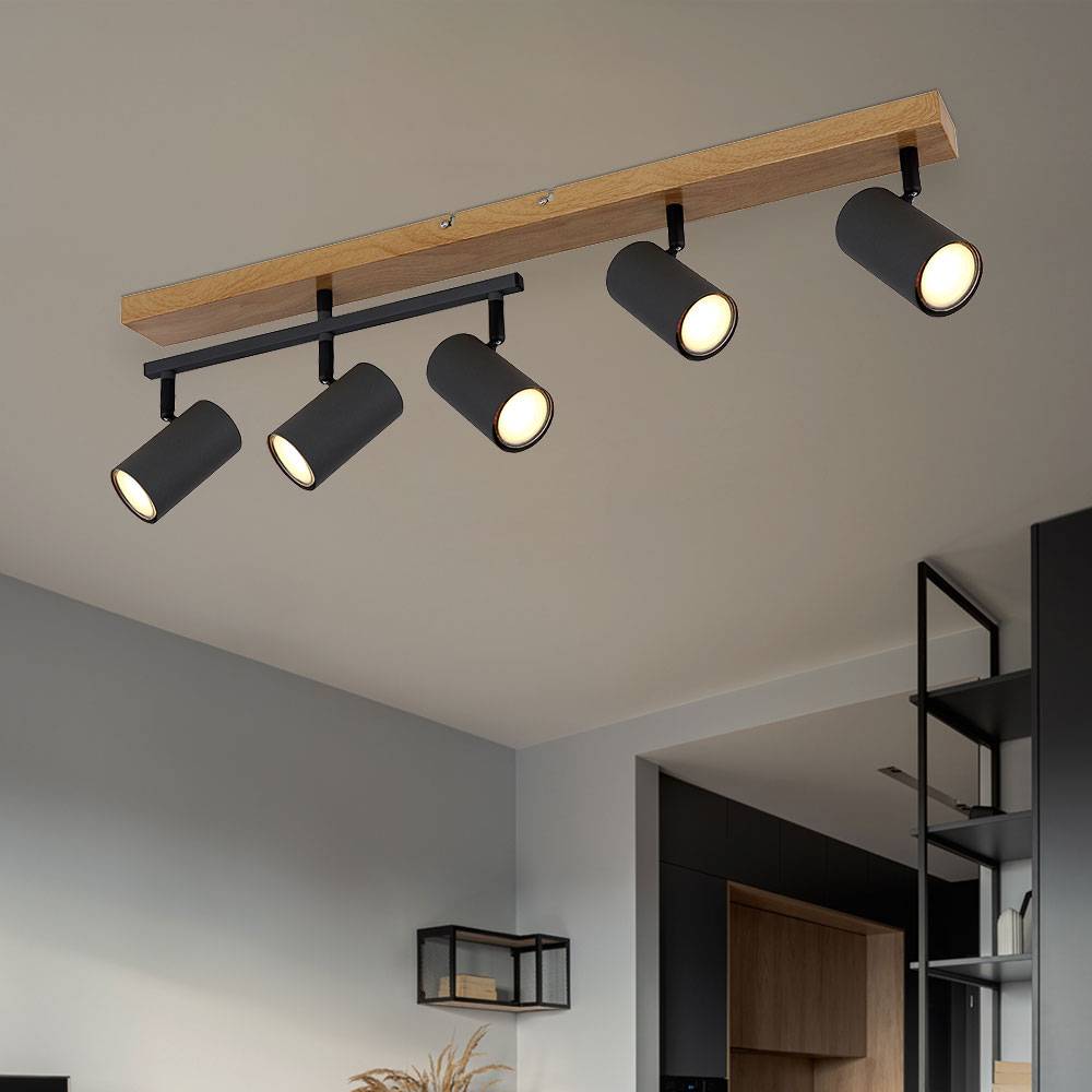 Deckenleuchte Spots Holzoptik Esszimmer GU10 schwarz 5 Flammig drehbar Deckenlampe schwenkbar, Metall graphit, 5x GU10, LxBxH 70x35x17 cm