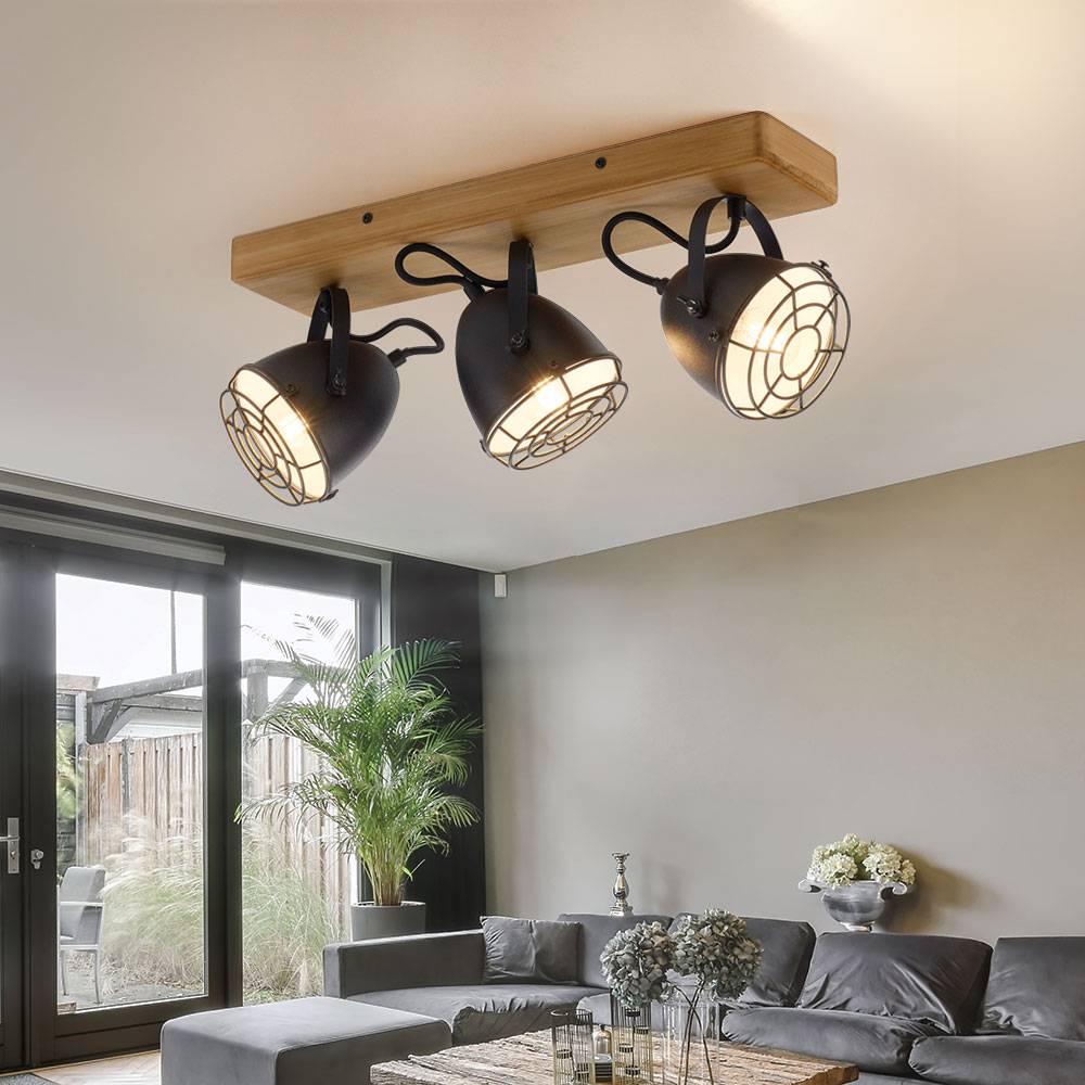 Deckenlampe schwarz Wohnzimmerleuchte Landhaus Deckenstrahler 3-flammig Holzlampe, schwenkbare Spotleiste, Metall matt, 3x E14, LxBxH 46x17x20 cm