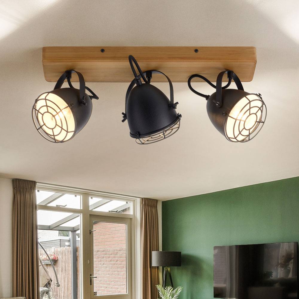 Deckenlampe schwarz Wohnzimmerleuchte Landhaus Deckenstrahler 3-flammig Holzlampe, schwenkbare Spotleiste, Metall matt, 3x E14, LxBxH 46x17x20 cm