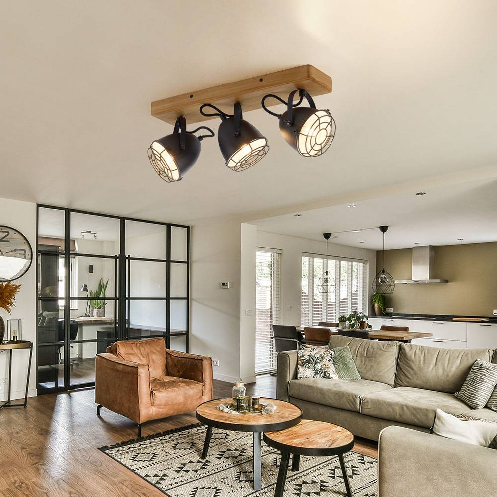 Deckenlampe schwarz Wohnzimmerleuchte Landhaus Deckenstrahler 3-flammig Holzlampe, schwenkbare Spotleiste, Metall matt, 3x E14, LxBxH 46x17x20 cm