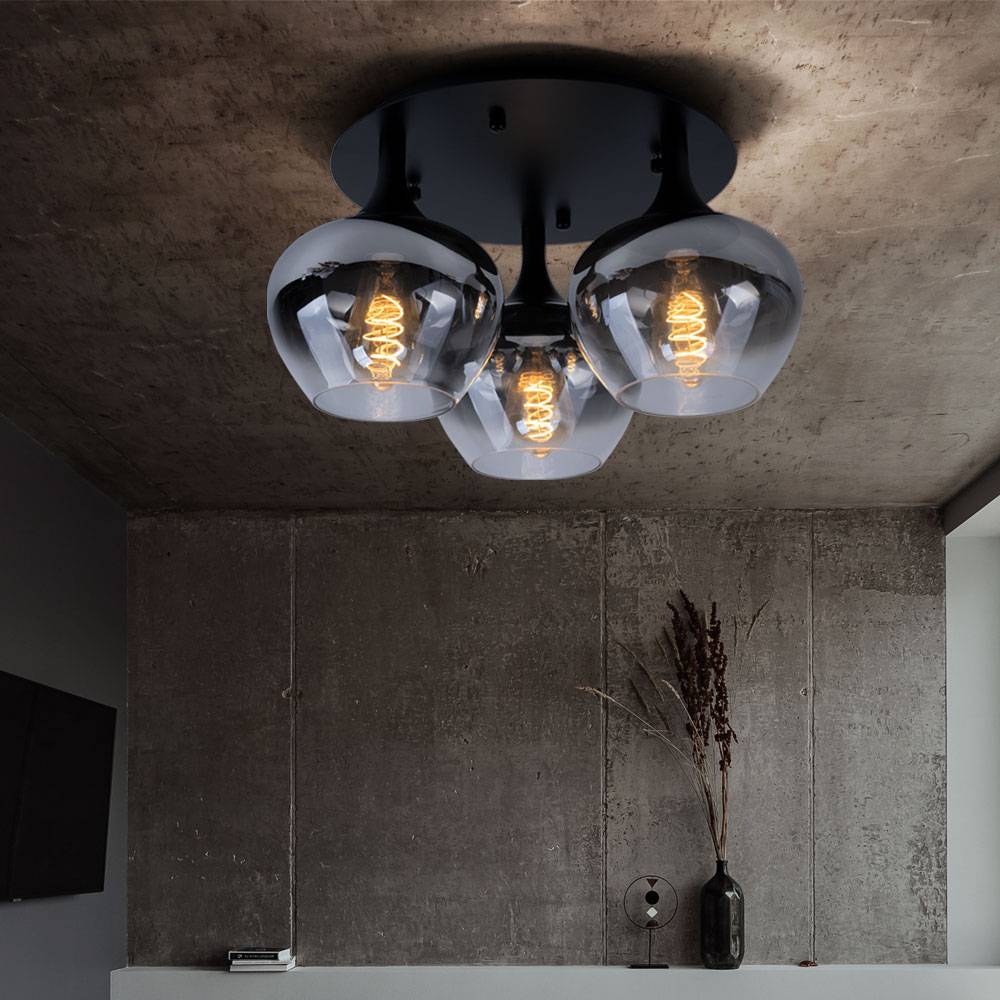 Deckenlampe Deckenleuchte Rauchglas Esszimmerleuchte rund Glaskugel Schlafzimmer, Metall schwarz, 3x E27, DxH 45x25,5 cm